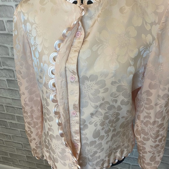 Anne Crimmins Long Sleeve Scalloped Floral Print Satin Blouse Pink Women's 14 - Picture 2 of 6